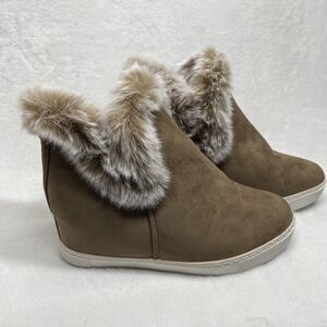 Jessica Carlyle Faux Suede Wedge Booties Faux Fur‎ Trim Casual Ankle Boots Sz 9